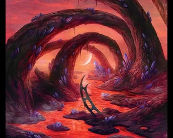 May include: A collectible game card titled BLOOD CRYPT featuring a landscape with red flowing liquid, dark curved tree-like structures, and purple crystal growths under a crescent moon. The card text includes LAND - SWAMP MOUNTAIN and BASH GAMING.