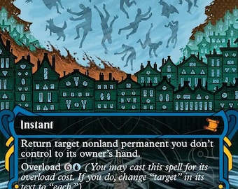May include: A rectangular trading card titled Cyclonic Rift with a blue and black border. The illustration depicts silhouettes of people and animals floating above a green cityscape. The card text includes game rules and a quote from The Stormwright Texts.