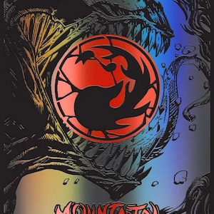 May include: A holographic card featuring a stylized monster with sharp teeth and a red and black circular emblem. The word "MOUNTAIN" is displayed in a stylized font. The card has a dark background with blue and yellow accents.