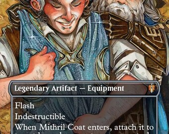 May include: A trading card titled Mithril Coat featuring an illustration of a person wearing a blue textured garment while another figure stands behind them. The card text includes Legendary Artifact, Equipment, Flash, Indestructible, and Equip 3.