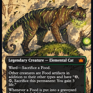 May include: A trading card titled Ygra, Eater of All featuring a brown cat with glowing green stripes and eyes, standing on a grassy mound. The card text describes it as a Legendary Creature Elemental Cat with a power and toughness of 6/6.