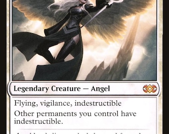 May include: A Magic: The Gathering trading card titled Avacyn, Angel of Hope. The card features an illustration of a winged figure in black armor holding a spear against a bright sky. It includes text describing the creature's abilities and lore.