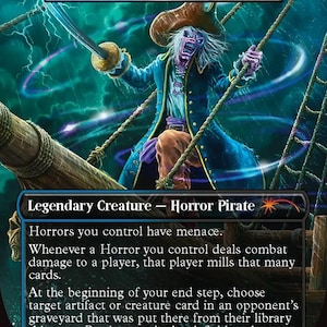 May include: Magic: The Gathering card featuring "Eddie, Ghost of the Navigator." The artwork depicts a ghostly pirate with a sword, wearing a tricorn hat and blue coat, set against a stormy sea background. The card text includes "Legendary Creature - Horror Pirate."