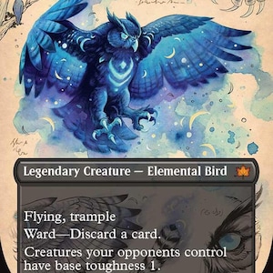 May include: A fantasy card featuring a blue owl with outstretched wings, titled "Maha, Its Feathers Night." The card includes text describing the creature's abilities and stats, with a 6/5 power/toughness rating. The artwork has a celestial theme.
