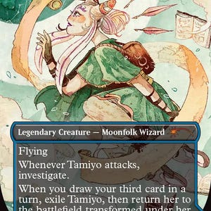 May include: A Magic: The Gathering card featuring Tamiyo, Inquisitive Student. The artwork depicts a Moonfolk Wizard in green robes with a flowing, cream-colored scarf. The card has a blue border and includes game text and a power/toughness of 0/3.