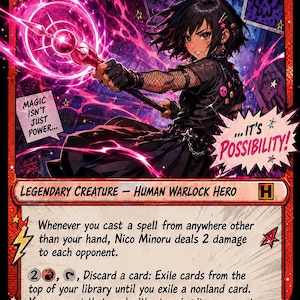 May include: A collectible trading card featuring Nico Minoru, Runaway, a human warlock hero. The card displays a character with short black hair holding a glowing pink staff, surrounded by pink energy. Text includes Magic isn't just power... it's possibility!