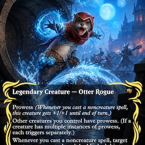May include: A trading card titled Bria, Riptide Rogue featuring an otter character in a red hood casting blue magic. The card text includes Legendary Creature - Otter Rogue, Prowess, and ability details. The background shows a moonlit night scene.