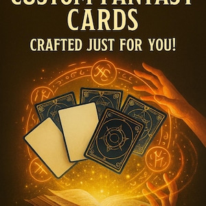 May include: An illustration featuring custom fantasy cards. The image shows a collection of cards with ornate designs, some face up and some face down, with glowing magical effects. The text reads "CUSTOM FANTASY CARDS CRAFTED JUST FOR YOU!"