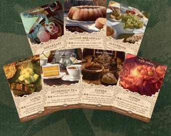 May include: A set of seven rectangular game cards arranged in a fan shape, each labeled Food Token. The cards feature illustrations of various meals including breakfast, second breakfast, elevenses, lunch, afternoon tea, dinner, and supper.