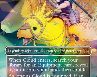 May include: A collectible trading card titled Cloud, Midgar Mercenary featuring a blonde character riding a large yellow bird. The card text includes Legendary Creature, Human Soldier Mercenary, and game rules. The artwork displays a 2/1 power and toughness.