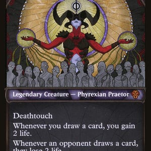 May include: A trading card titled Sheoldred, the Apocalypse featuring a red-skinned figure with horns standing before a crowd of grey figures. The card displays the text Legendary Creature - Phyrexian Praetor, Deathtouch, and game rules with a 4/5 power and toughness rating.