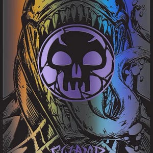 May include: A rectangular trading card featuring a holographic finish with a black and purple illustration of a creature with sharp teeth and a long tongue. A purple skull icon is centered. The text SWAMP is at the bottom with R 1952, SLD EN, PEDRO POTIER, MARVEL, and 2025 Wizards of the Coast.
