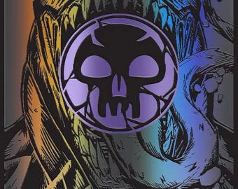 May include: A rectangular trading card featuring a holographic finish with a black and purple illustration of a creature with sharp teeth and a long tongue. A purple skull icon is centered. The text SWAMP is at the bottom with R 1952, SLD EN, PEDRO POTIER, MARVEL, and 2025 Wizards of the Coast.