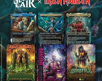 May include: A Secret Lair x Iron Maiden collection featuring six Magic: The Gathering cards. The cards display detailed fantasy illustrations of the character Eddie in various roles, including a judge, a pirate, and a wizard, with bold text titles.