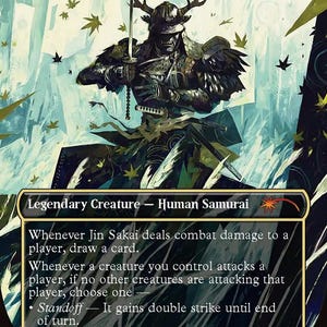 May include: A collectible trading card featuring Jin Sakai, Ghost of Tsushima, depicted as a dark-armored samurai with a horned helmet holding a katana. The card includes game text, mana symbols, and a 2/4 power and toughness rating.