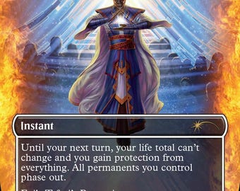 May include: A collectible trading card titled Teferi's Protection featuring a central figure in blue and gold robes casting a glowing light. The card text reads: Until your next turn, your life total can't change and you gain protection from everything.