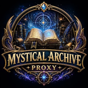 May include: A circular emblem featuring an open book with glowing pages, a quill in an inkwell, and scrolls set against a dark library background. The text MYSTICAL ARCHIVE PROXY is displayed in gold lettering on a dark blue banner at the bottom.