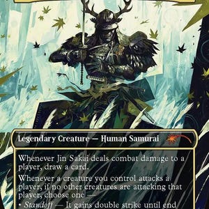 May include: A Magic: The Gathering card featuring Jin Sakai, Ghost of Tsushima. The card depicts a samurai warrior in detailed armor, holding a katana. The card has a gold and black border with text describing the character's abilities. The card's power and toughness are 2/4.