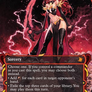 May include: A Jeska's Will trading card featuring a red-haired figure in black and gold armor holding a large curved blade. The background shows red lightning and skulls. The card text includes the title, mana cost, sorcery type, and rules.