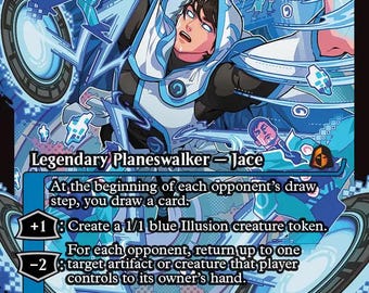 May include: A Magic: The Gathering trading card titled The Theorist, Jace Beleren. The card features a blue and white illustration of a character with glowing eyes in a hooded cloak, surrounded by swirling energy and digital patterns.