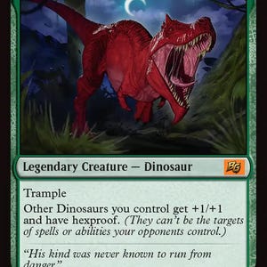 May include: A collectible trading card featuring a red dinosaur with an open mouth, titled Devil Dinosaur. The card text includes the creature type Legendary Creature - Dinosaur, the ability Trample, and the flavor text His kind was never known to run from danger. The card has a power and toughness of 5/5.