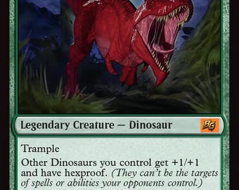 May include: A collectible trading card featuring a red dinosaur with an open mouth, titled Devil Dinosaur. The card text includes the creature type Legendary Creature - Dinosaur, the ability Trample, and the flavor text His kind was never known to run from danger. The card has a power and toughness of 5/5.