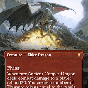 May include: A trading card titled Ancient Copper Dragon featuring a dark-scaled dragon perched atop a glowing pile of gold treasure. The card text includes the creature type Elder Dragon, the ability Flying, and combat damage rules with a d20 roll.