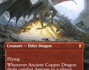May include: A trading card titled Ancient Copper Dragon featuring a dark-scaled dragon perched atop a glowing pile of gold treasure. The card text includes the creature type Elder Dragon, the ability Flying, and combat damage rules with a d20 roll.