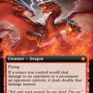 May include: A collectible trading card titled Twinflame Tyrant featuring a two-headed dragon with glowing orange scales and wings spread against a fiery background. The card text includes the creature type Dragon, ability Flying, and a flavor text quote.