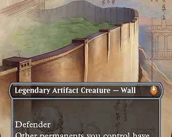 May include: A trading card titled The Walls of Ba Sing Se, featuring a brown stone wall illustration with green foliage behind it. The card text includes Legendary Artifact Creature - Wall, Defender, and Other permanents you control have indestructible.
