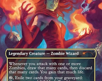 May include: A Magic: The Gathering trading card titled Zombie Scarlet Witch, Varina, Lich Queen. The artwork depicts a pale, red-haired figure in a red costume surrounded by orange flames and skulls. The card text details game mechanics and abilities.