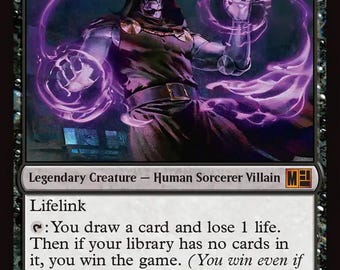 May include: A collectible trading card titled Doctor Doom, Unrivaled, featuring a hooded figure in a metallic mask and dark robes surrounded by purple magical energy. The card text includes the name, mana cost, creature type, abilities, and flavor text.