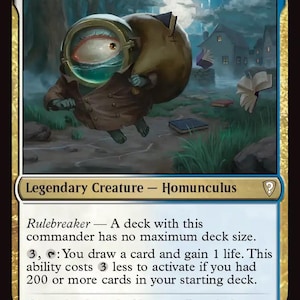May include: A Magic: The Gathering trading card titled Whtz, the Bibliophile, featuring a creature with a large eye in a glass helmet carrying a sack of books. The card text includes Rulebreaker, a deck with this commander has no maximum deck size.