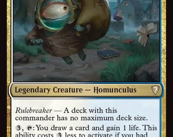 May include: A Magic: The Gathering trading card titled Whtz, the Bibliophile, featuring a creature with a large eye in a glass helmet carrying a sack of books. The card text includes Rulebreaker, a deck with this commander has no maximum deck size.