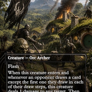 May include: A collectible trading card titled Orcish Bowmasters featuring a fantasy illustration of green-skinned orc archers attacking a village with round earthen homes, a dark banner, and a distant tower under a smoky, fire-filled sky.