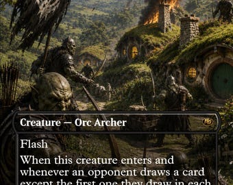 May include: A collectible trading card titled Orcish Bowmasters featuring a fantasy illustration of green-skinned orc archers attacking a village with round earthen homes, a dark banner, and a distant tower under a smoky, fire-filled sky.