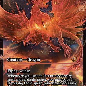 May include: A Magic: The Gathering card featuring the Spinerock Tyrant, a fiery red dragon with large wings. The card text includes "Creature - Dragon", "Flying, wither", and other game instructions. The card has a power and toughness of 6/6.