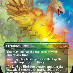 May include: A Magic: The Gathering card titled "Traveling Chocobo" features a vibrant illustration of a large, yellow bird with outstretched wings. The card text describes its abilities as a creature card. The card has a 3/2 power and toughness.