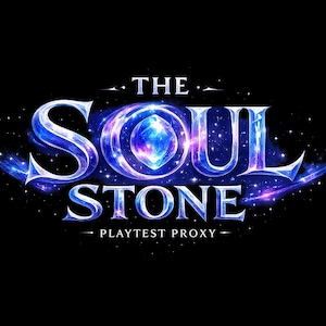 May include: A graphic logo on a black background featuring the text THE SOUL STONE in a stylized, metallic blue font. The letter O in SOUL is replaced by a glowing, multifaceted blue and purple gemstone surrounded by swirling cosmic stardust.