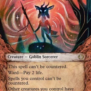 May include: A trading card titled Hexing Squelcher featuring a dark-skinned goblin sorcerer with horns holding a staff. The background is a swirling orange and red vortex. The card text includes abilities like Ward-Pay 2 life and a 2/2 power/toughness.