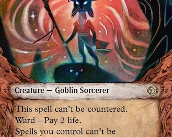 May include: A trading card titled Hexing Squelcher featuring a dark-skinned goblin sorcerer with horns holding a staff. The background is a swirling orange and red vortex. The card text includes abilities like Ward-Pay 2 life and a 2/2 power/toughness.