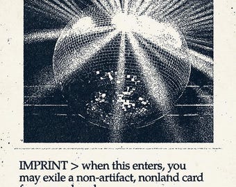 May include: A black and white trading card titled Chrome Mox with a cost of 0. The card features a disco ball illustration, the text Artifact, and game rules including Imprint and Tap abilities. The bottom includes the text M 0098 SLZ EN MSCHF.