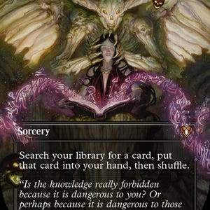 May include: A Demonic Tutor trading card featuring a central figure reading a glowing book, surrounded by a large skeletal entity with wings. The card text reads: Demonic Tutor, Sorcery, Search your library for a card, put that card into your hand, then shuffle.