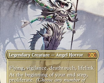 May include: A Magic: The Gathering trading card titled Atraxa, Praetors' Voice, featuring a four-armed, winged angel horror creature with a pale, armored body and green accents, holding a tall staff against a muted, light-colored background.