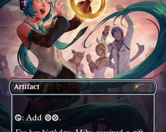 May include: A collectible trading card titled Sol Ring featuring a teal-haired character holding a glowing gold ring. The card includes the text Artifact, Add two colorless mana, and a flavor text about Miku receiving a birthday gift.