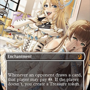 May include: A Magic: The Gathering card titled "Smothering Tithe" featuring anime-style art. The card depicts two women in ornate white and blue outfits. The card text reads "Enchantment" and describes the card's effect. The artist is Daisuke Tatsuma.
