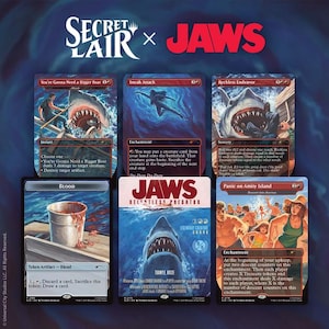 May include: A collection of six Magic: The Gathering trading cards featuring Jaws-themed artwork. The cards include You're Gonna Need a Bigger Boat, Sneak Attack, Reckless Endeavor, Blood, Jaws Relentless Predator, and Panic on Amity Island.