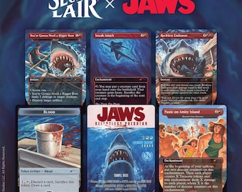 May include: A collection of six Magic: The Gathering trading cards featuring Jaws-themed artwork. The cards include You're Gonna Need a Bigger Boat, Sneak Attack, Reckless Endeavor, Blood, Jaws Relentless Predator, and Panic on Amity Island.