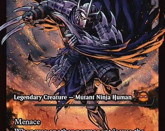 May include: A collectible trading card titled Super Shredder featuring a character in silver spiked armor and a dark cape. The card displays the text Legendary Creature - Mutant Ninja Human, Menace, and game rules against a fiery orange background.