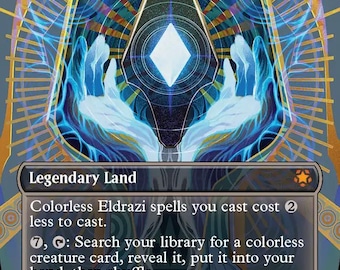 May include: A rectangular trading card titled Eye of Ugin, featuring a central glowing white diamond shape held by blue ethereal hands. The background displays intricate gold and blue geometric patterns. Text includes Legendary Land and game rules.